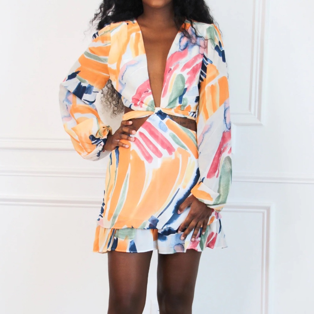 Work Of Art Abstract Cut Out Romper: Orange multi - Medium